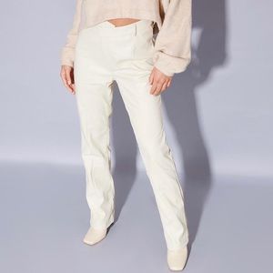 petite cream faux leather asymmetrical front straight pants